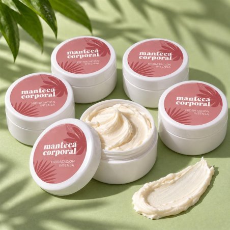 Pots de beurre corporel avec étiquettes roses et un pot ouvert montrant la texture