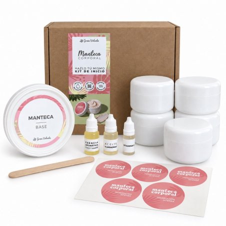 Contenido del kit de manteca corporal con base, ingredientes, tarros, etiquetas y caja
