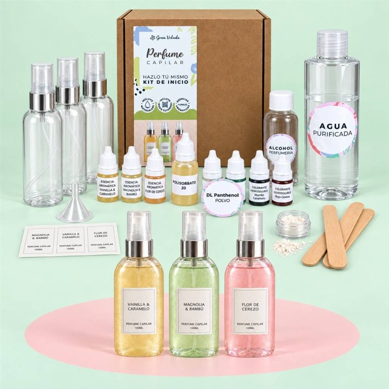 Kit de perfume capilar com ingredientes, pulverizadores e três perfumes prontos
