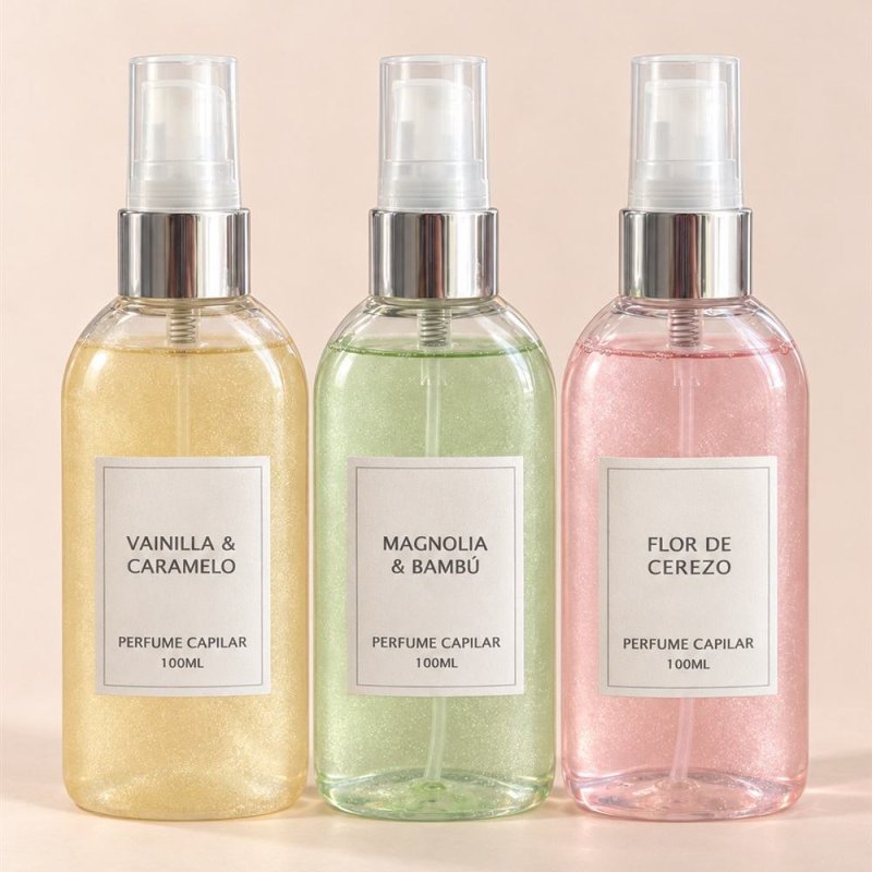 Três frascos de perfume capilar amarelo, verde e rosa com pulverizador