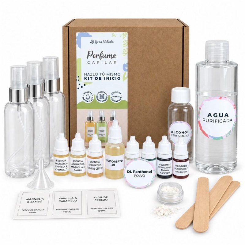 Contenido del kit de perfume capilar con ingredientes, envases, etiquetas y caja