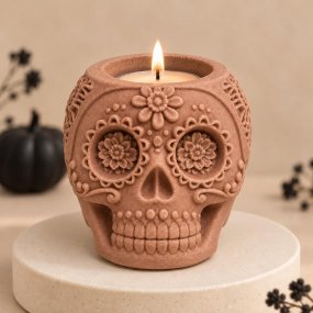 Molde castiçal caveira mexicana com flores e mandalas