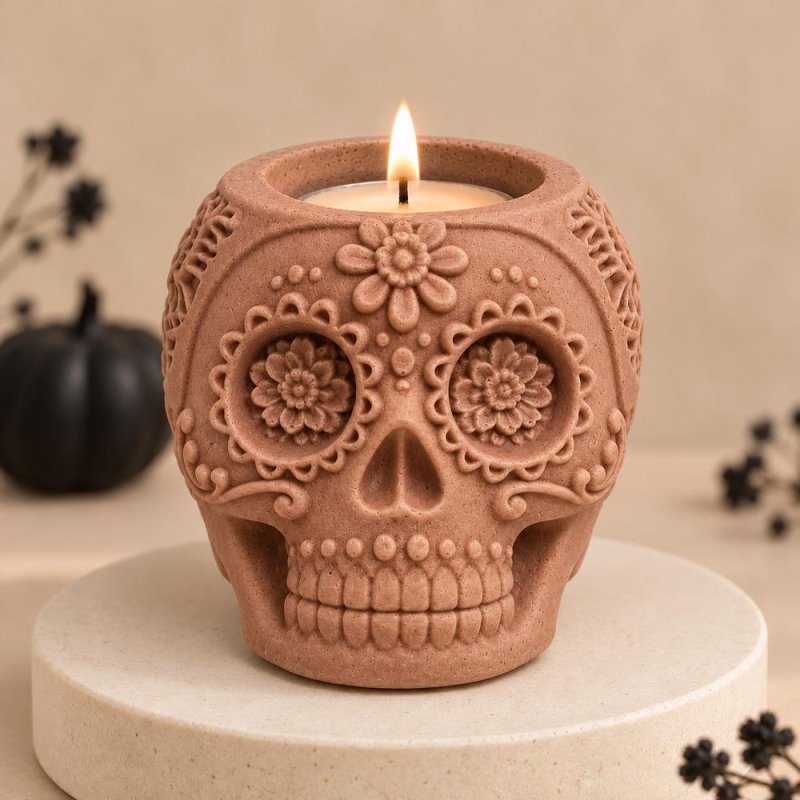 Photophore tête de mort mexicaine rose avec fleurs en relief et bougie allumée