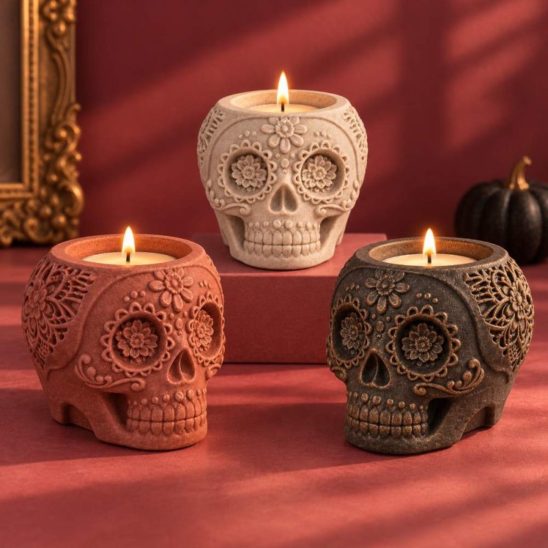 Tres portavelas de calavera mexicana en terracota, crema y negro con velas encendidas