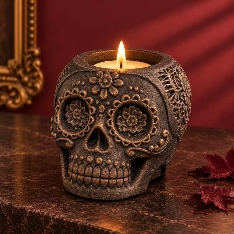 Portavelas de calavera mexicana negro con relieves dorados y vela encendida