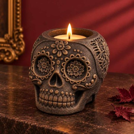 Porta-velas de caveira mexicana preto com relevos dourados e vela acesa