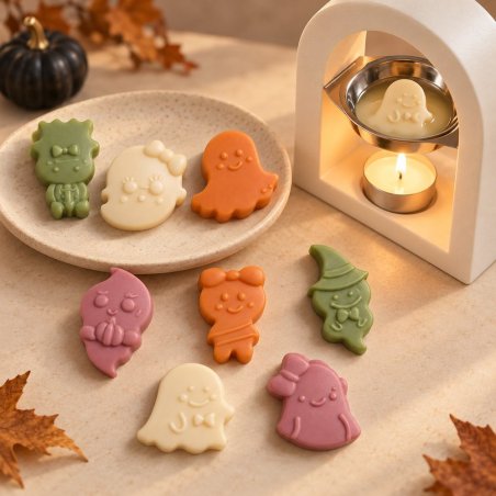 Figuras kawaii de Halloween junto a un quemador de esencias con vela encendida