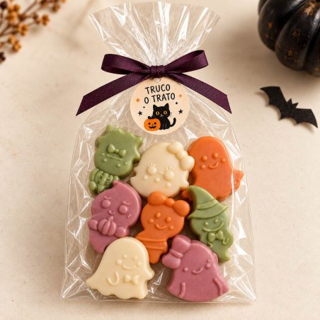 Ocho figuras kawaii de Halloween en bolsa transparente con lazo morado