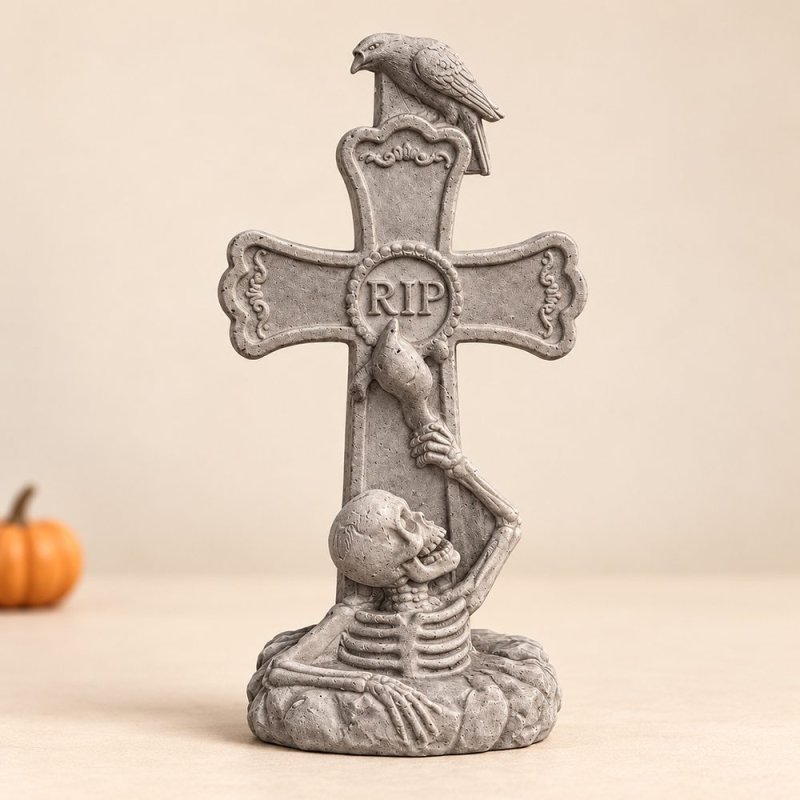 Croix RIP grise avec squelette et corbeau sur une table, avec une citrouille en arrière-plan