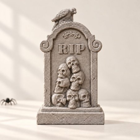 Pierre tombale RIP grise avec crânes et corbeau sur un socle rond dans un décor clair