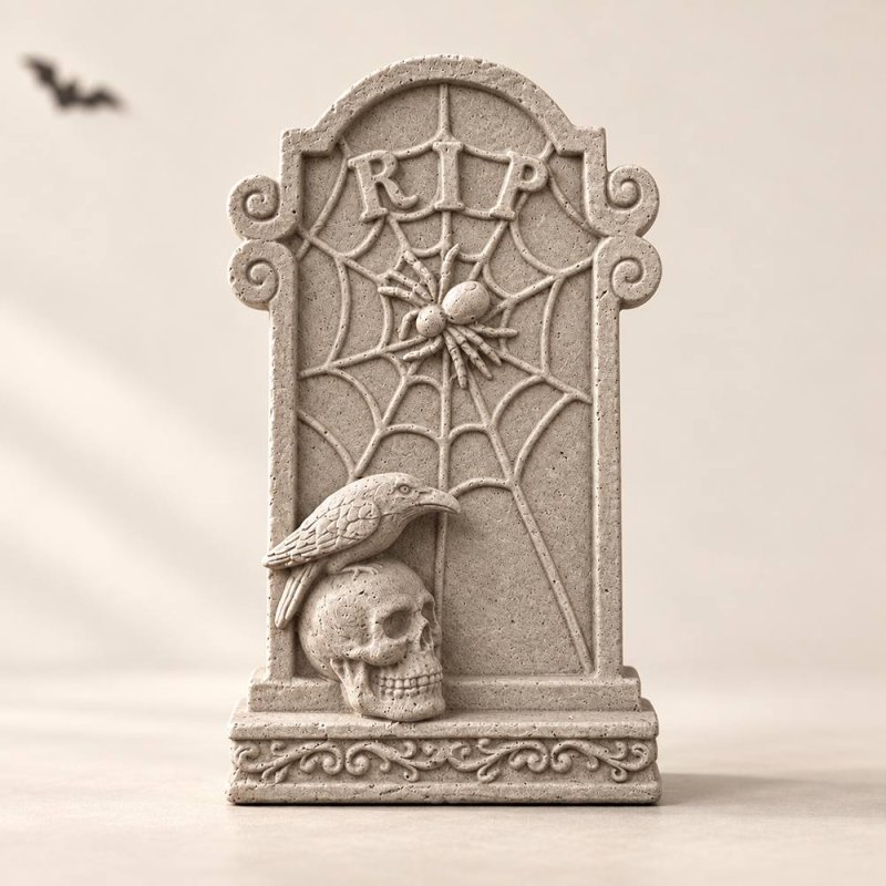Pierre tombale RIP grise avec toile, crâne et corbeau sur une table claire