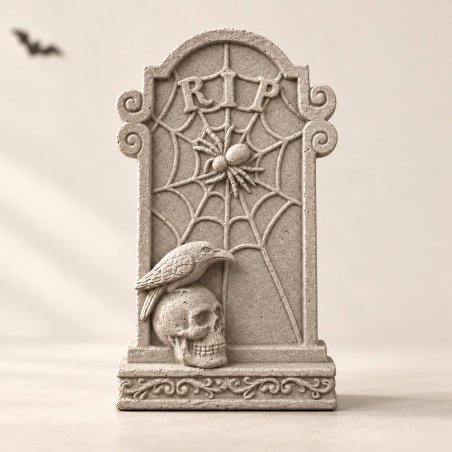 Pierre tombale RIP grise avec toile, crâne et corbeau sur une table claire