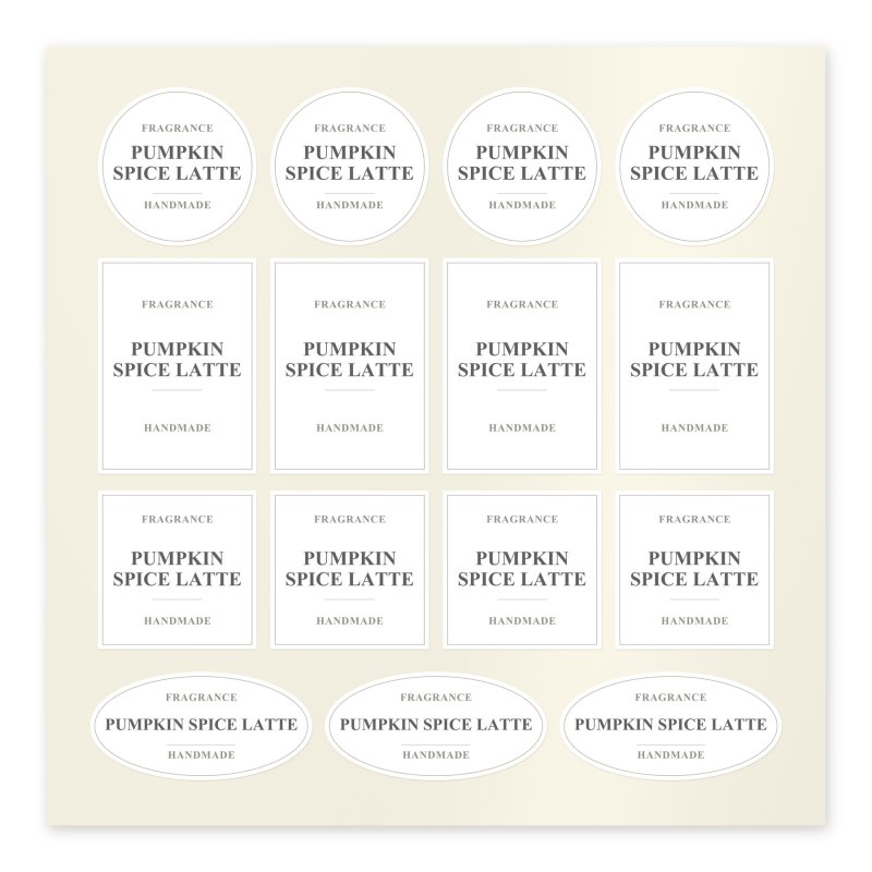 Planche d’autocollants Pumpkin Spice Latte en blanc, ronds, rectangulaires, carrés et ovales