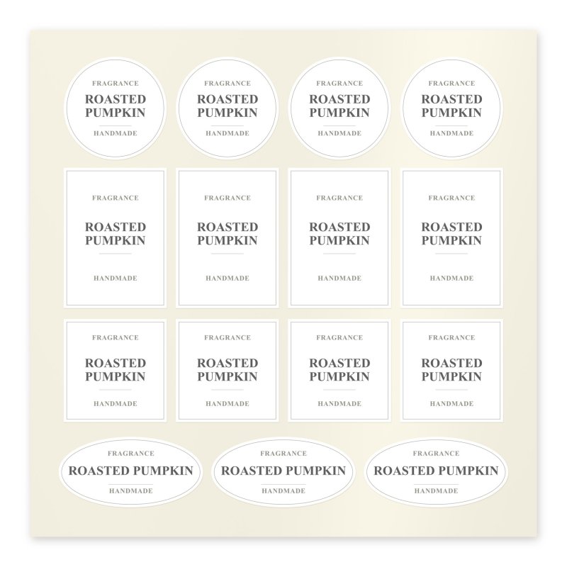 Planche d’autocollants Roasted Pumpkin en blanc, ronds, rectangulaires, carrés et ovales