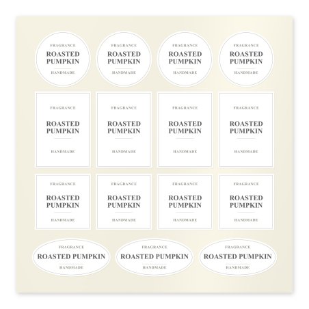 Planche d’autocollants Roasted Pumpkin en blanc, ronds, rectangulaires, carrés et ovales