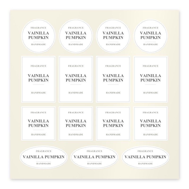 Planche d’autocollants Vanilla Pumpkin en blanc, ronds, rectangulaires, carrés et ovales