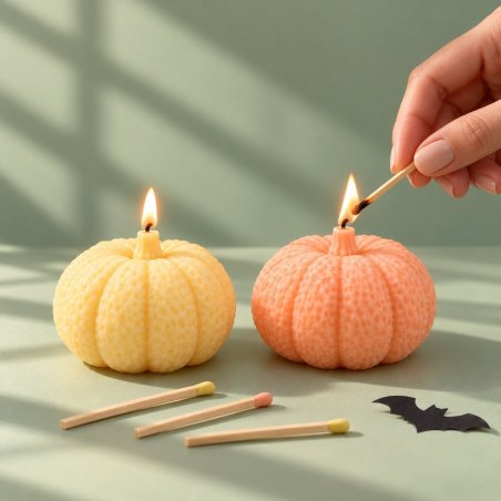 Mano encendiendo una vela de calabaza salmón junto a otra amarilla