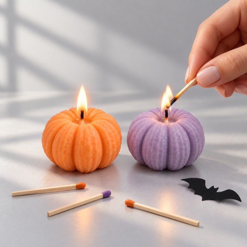 Mano encendiendo una vela de calabaza lila junto a otra naranja
