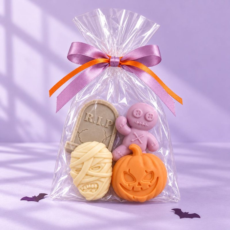 Quatre savons d’Halloween dans un sachet transparent avec rubans lilas et orange
