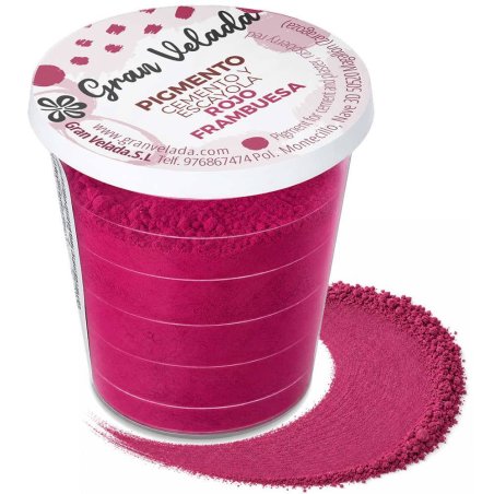 Pigmento rojo frambuesa para cemento y escayola, envase con muestra de color