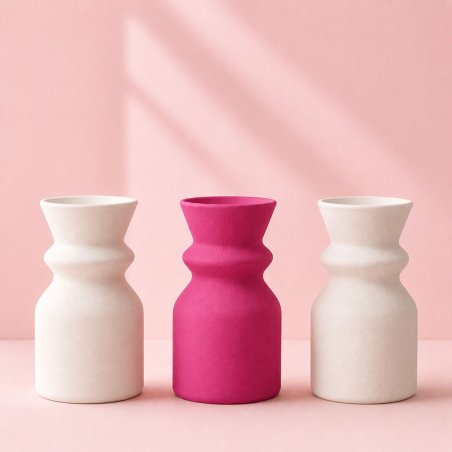Vase rouge framboise entre deux vases blancs, exemple de plâtre coloré