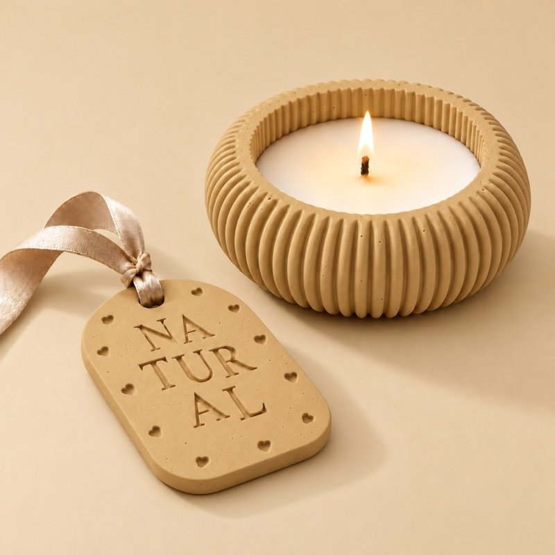 Portavelas y placa aromática de escayola en natural con cinta beige