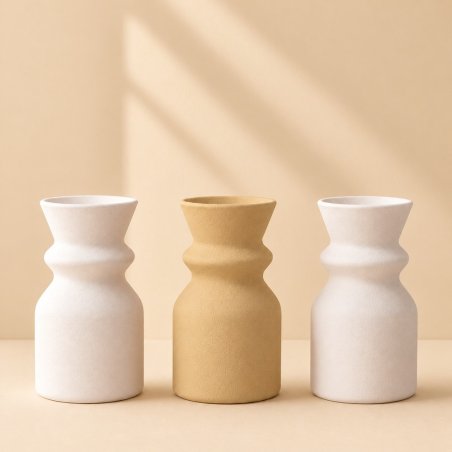 Vase naturel entre deux vases blancs, exemple de plâtre coloré