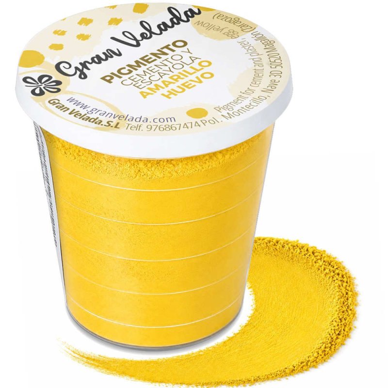 Pigment jaune œuf pour ciment et plâtre, pot avec échantillon de couleur