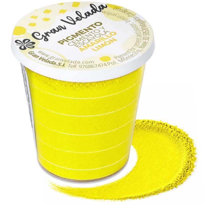 Pigmento amarillo limón para cemento y escayola, envase con muestra de color