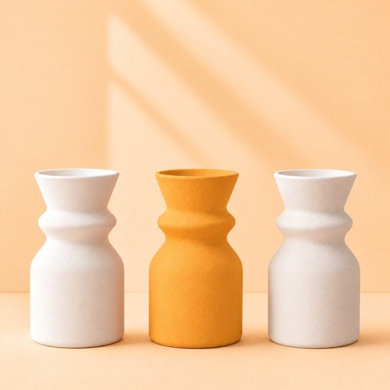 Jarra laranja claro entre duas jarras brancas, exemplo de gesso colorido
