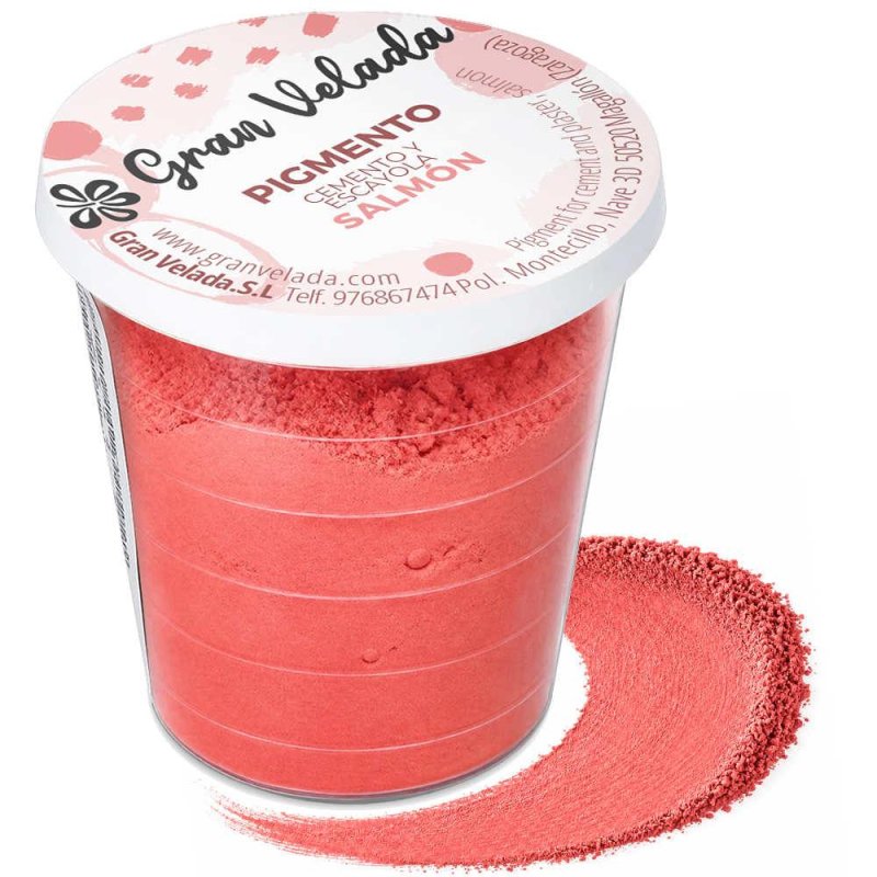 Pigmento salmão para cimento e gesso, embalagem com amostra de cor