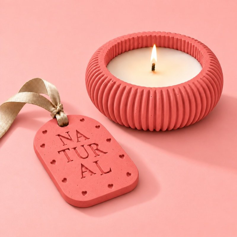 Porta-velas e placa aromática de gesso em salmão com fita bege