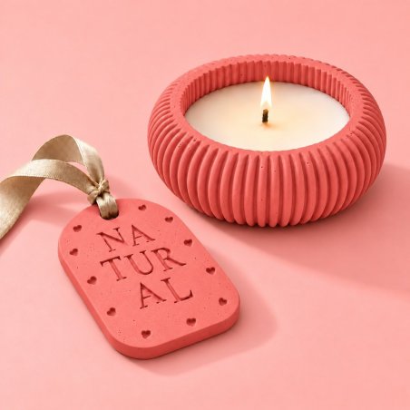 Porta-velas e placa aromática de gesso em salmão com fita bege