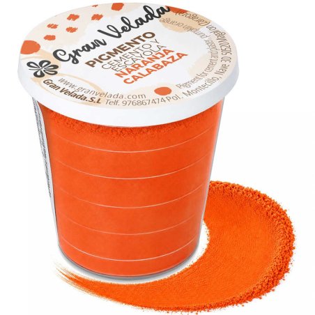 Pigmento naranja calabaza para cemento y escayola, envase con muestra de color