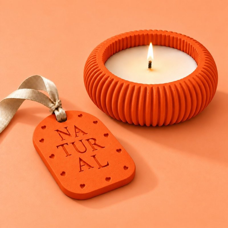 Porta-velas e placa aromática de gesso em laranja abóbora com fita bege
