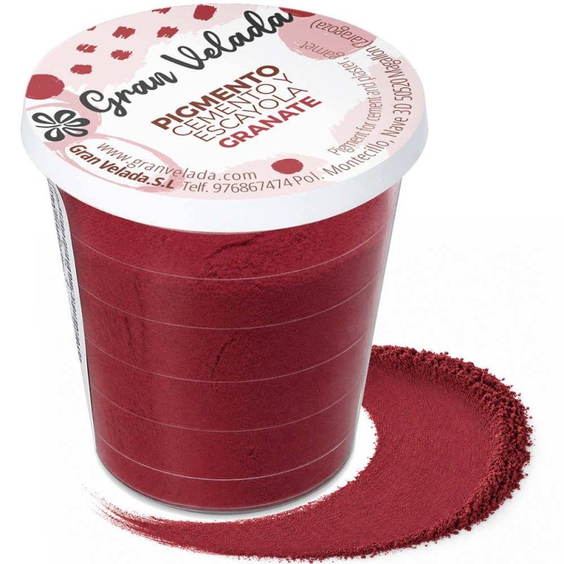 Pigmento bordô para cimento e gesso, embalagem com amostra de cor
