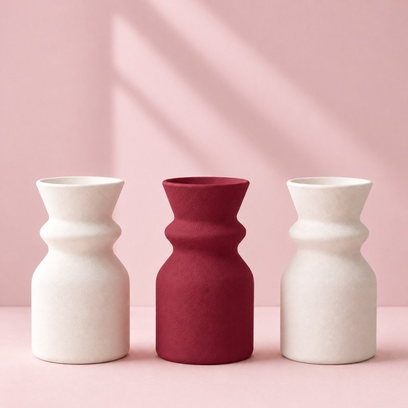 Vase bordeaux entre deux vases blancs, exemple de plâtre coloré
