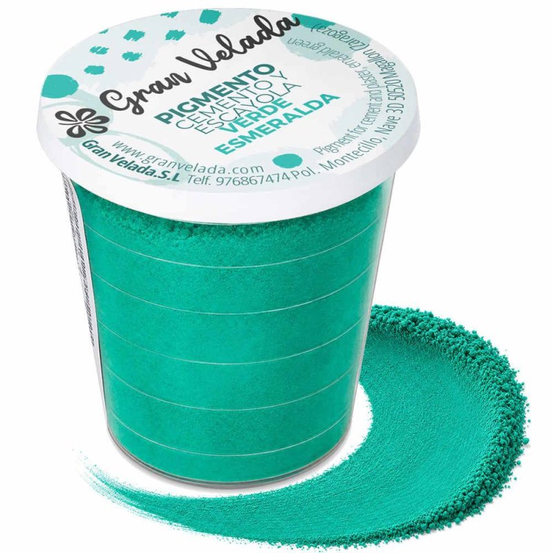 Pigmento verde esmeralda para cemento y escayola, envase con muestra de color