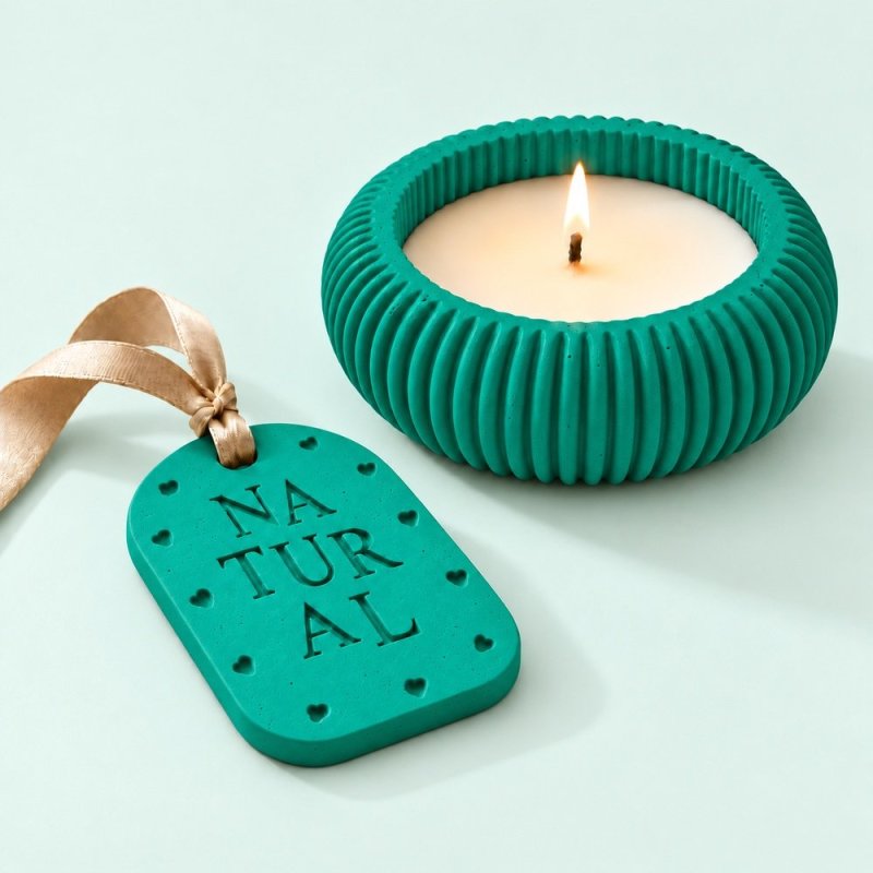 Portavelas y placa aromática de escayola en verde esmeralda con cinta beige