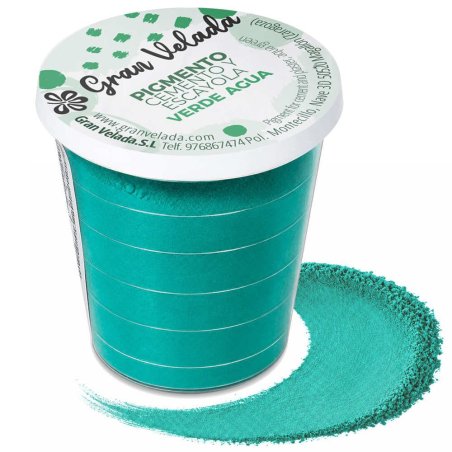 Pigmento verde agua para cemento y escayola, envase con muestra de color