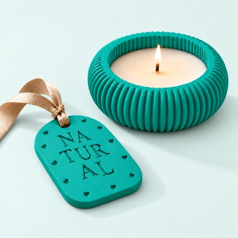 Portavelas y placa aromática de escayola en verde agua con cinta beige