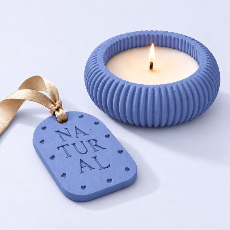 Porta-velas e placa aromática de gesso em lavanda com fita bege