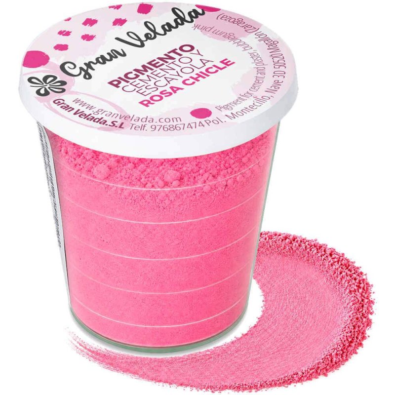 Pigmento rosa chiclete para cimento e gesso, embalagem com amostra de cor