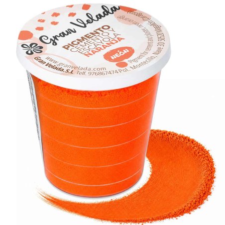 Pigmento naranja neón para cemento y escayola, envase con muestra de color
