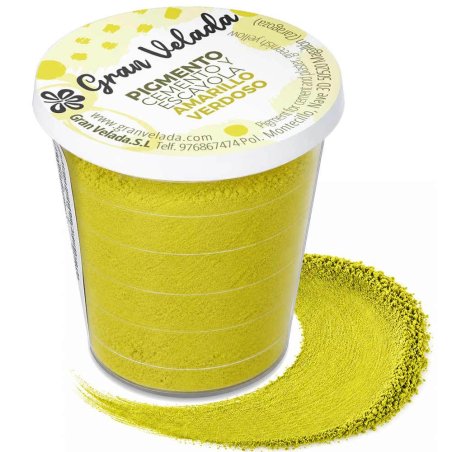 Pigment jaune verdâtre pour ciment et plâtre, pot avec échantillon de couleur