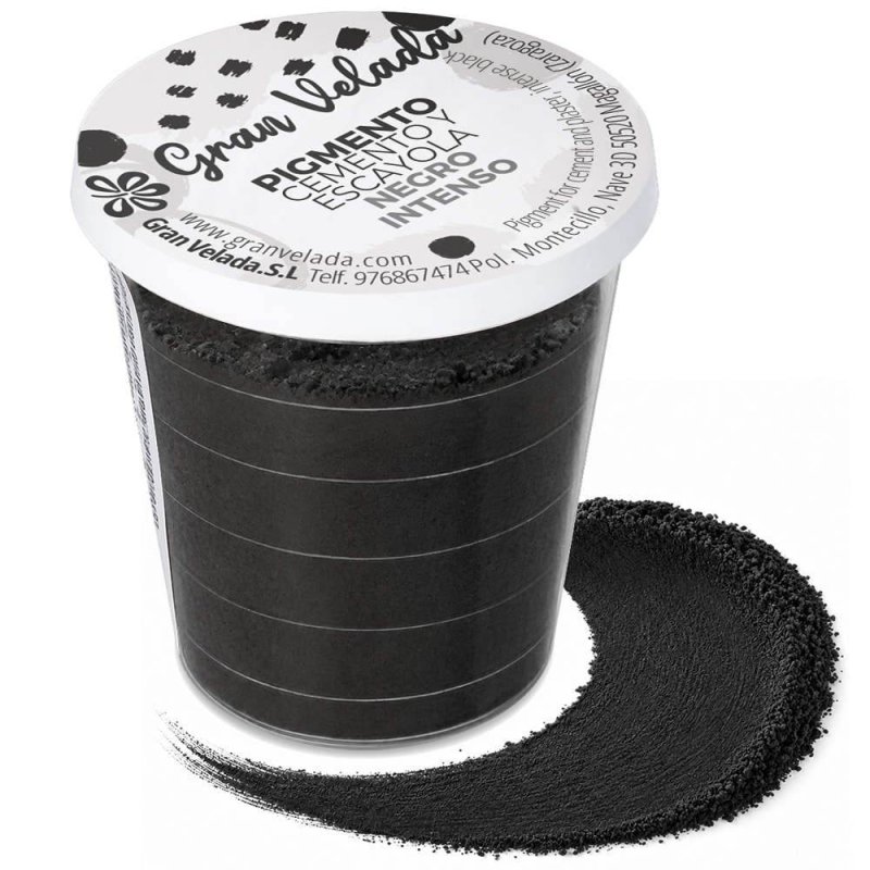 Pigmento preto intenso para cimento e gesso, embalagem com amostra de cor