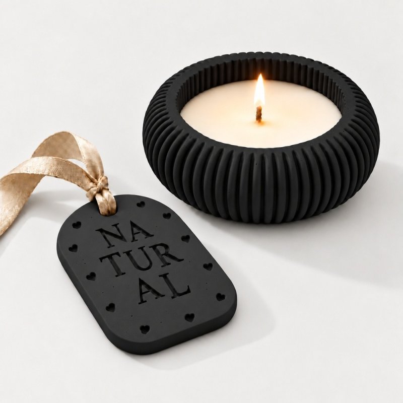 Bougeoir et plaque parfumée en plâtre noir intense avec ruban beige