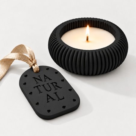 Portavelas y placa aromática de escayola en negro intenso con cinta beige
