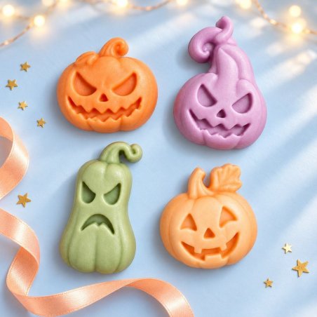 Quatre figurines de citrouilles d’Halloween orange, lilas et vertes