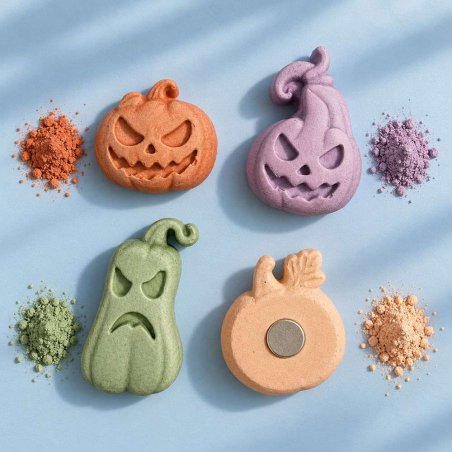 Calabazas de Halloween con pigmentos y una figura con imán en el reverso